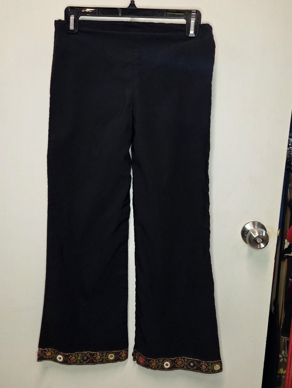 Vintage 90s Vol 1 Boho Black Wide Leg Spandex Pants Embroidered Hem Low Rise
